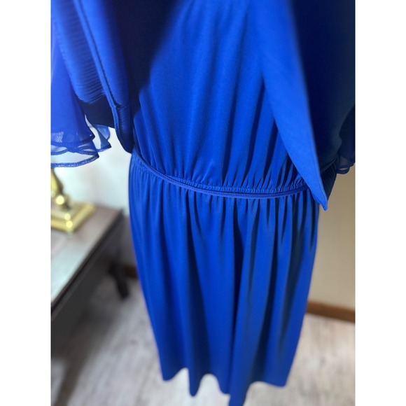 Vintage Royal Blue Dress Pleated Cape Overlay Tie Waist Occasion Party 18/20 - Picture 8 of 10